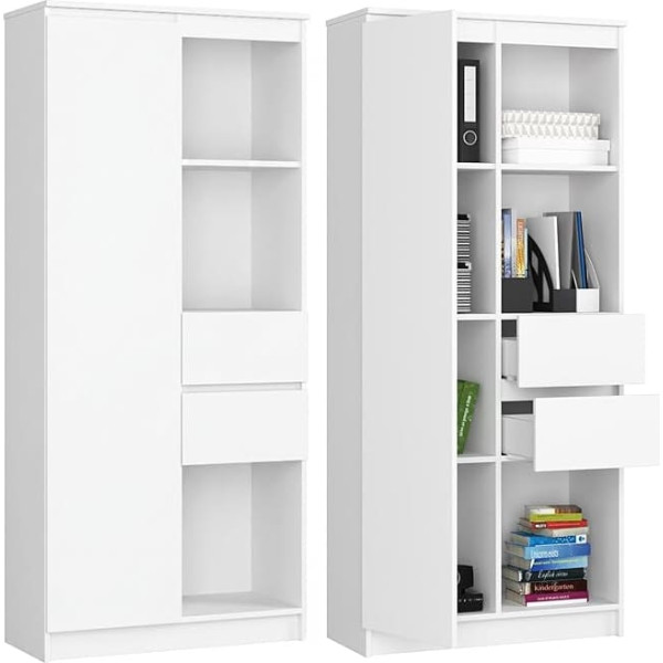 Home Collective Cupboard Office Shelf Bookcase White 80 cm Wide 180 cm High with Door and 2 Drawers in the Centre