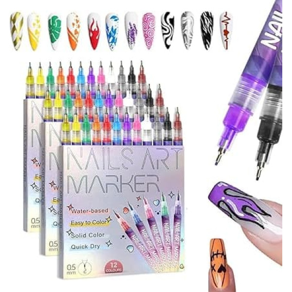 12 Colours 3D Nail Polish Pen Set, 2026 Nail Art Pen DIY Line Nail Art Graffiti, Nail Tip Nail Art Beauty Decorate Manicure Tools, Nail Polish Pens Nail Design for Halloween (Pack of 3)