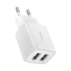 Mazs kompakts 2x USB 10.5W sienas lādētājs, balts