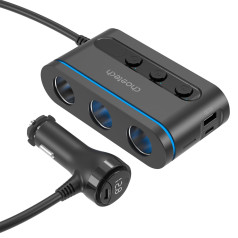 Auto lādētājs + 3x cigarešu aizdedzinātāja ligzda 2x USB-C PD 1x USB-A QC - melns