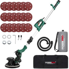 POSENPRO Drywall Sander, Wall & Ceiling Sander, 810 W Wall Sander with LED and Telescopic Handle, 215 mm Sanding Disc, Foldable Handle, Tilting Head, Includes 18 x Velcro Sanding Discs