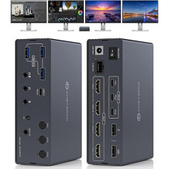Displaylink USB C KVM Switch Docking Station, 4K60Hz HDMI KVM Switch 3 PC 4 Monitors for Windows & Mac M1/M2/M3/M4, 10Gbps USB C Data/1Gbps Ethernet Port, Audio/Mic with IR Control & USBA-C to C Cable