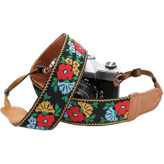 Padwa Lifestyle Camera Strap - 2 Inch Cowhide Head Camera Strap for Photographers, Vintage Jacquard Embroidery Woven Cotton Adjustable Shoulder Neck Strap for Cameras, Binoculars - Spring Flowers
