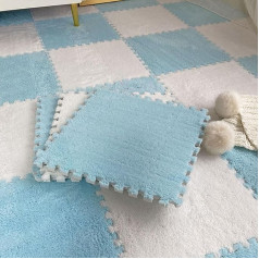 Schaumstoff Plüsch Bodenmatte Ineinandergreifende Schaumstoff-Plüschmatten, Rutschfester Puzzlematten-Teppich, quadratische rutschfeste ineinandergreifende Bodenmatten Klettermatte(Blue+White
