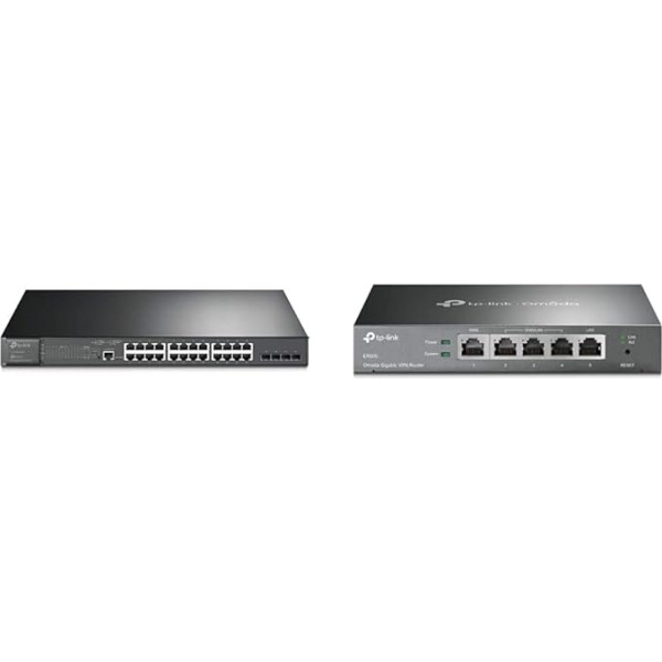 TP-Link TL-SG3428MP 28-Port Gigabit L2+ Managed Switch with 24 PoE+ Ports Black, v2.0 & ER605 5 Port Dual/Multiple WAN VPN Router (up to 4 Gigabit WAN Ports) Black, Ideal for Office Network