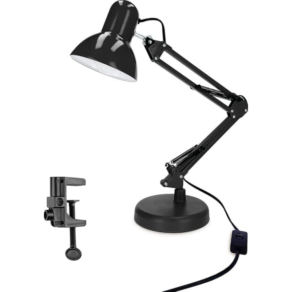 EDO Retro Desk Lamp Children with Clampable, Bedside Lamp with Articulated Arm, Workplace Lamp Black PIXI E27 Made of Steel, Desk Lamp with Flexible Clamp Black on Desk Lamp