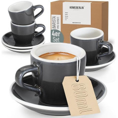 Barista Pro Espresso Cups Set - 4 x 80 ml Espresso Cups Set - Premium Espresso Cups Thick-Walled Made of High-Quality Stoneware Including Saucers - 100% Handmade - Espresso Cups