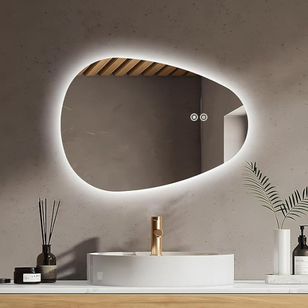 EMKE Bathroom Mirror with Lighting, Asymmetrical Mirror 60 x 45 cm with Touch Switch, 3 Light Colours, Dimmable, Anti-Fog Bathroom Mirror with Lighting, IP44, Energy Saving