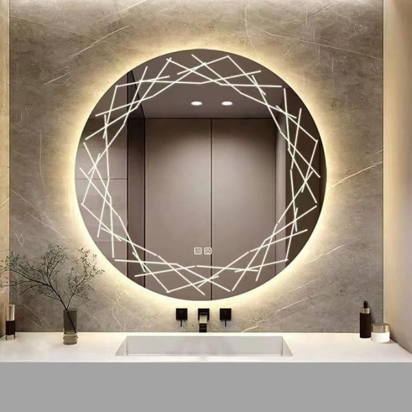 YOSHOOT Bathroom Mirror with Lighting, 60 cm Round Wall Mirror, LED Lighting, Anti-Fog Large Makeup Mirror, Touch Button, Dimmable, 3 Colours, LED Light, 6400 K, IP44 (Nest)