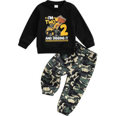 Geagodelia Toddler Baby Boy 2nd Birthday Outfits Long Sleeve Letter Digger Print Sweatshirt Pullover with Camouflage Sweatpants 2 Pieces Second Birthday Clothes for Kids Boys