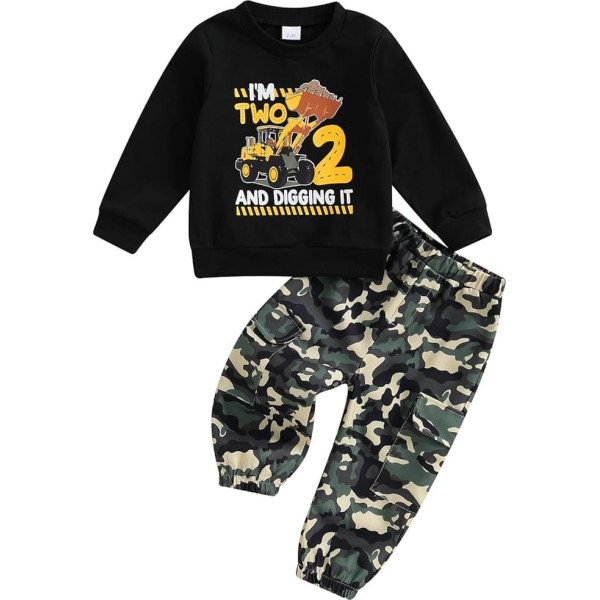Geagodelia Toddler Baby Boy 2nd Birthday Outfits Long Sleeve Letter Digger Print Sweatshirt Pullover with Camouflage Sweatpants 2 Pieces Second Birthday Clothes for Kids Boys