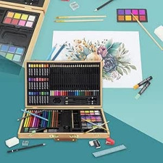 ECD Germany 109-Piece Painting Set with Wooden Case, Drawing and Painting Case for Children, Painting Box, Art and Drawing Set, Colouring Pencils, Watercolours, Oil Pastels and Many Accessories,