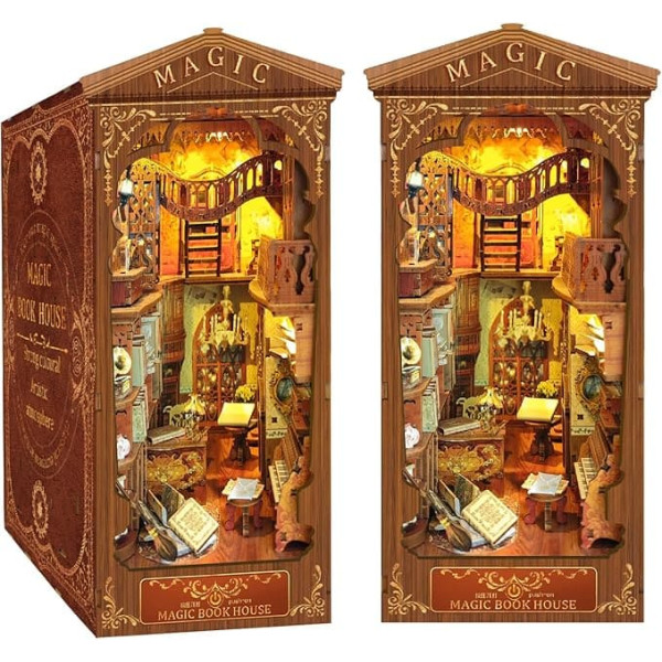 CRIOLPO Book Nook Kit, DIY Dollhouse, Wooden Miniature House Kit, Book Corner, Miniature Kit for Adults, Teens, 3D Wooden Puzzle Bookcase Insert Kits with Sensor LED Light, Magic Book House