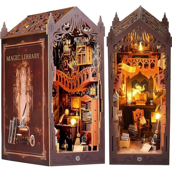 Book Nook DIY Kit, Magic Library DIY Dollhouse Miniature House DIY Construction Kit with Dust Cover and LED Light