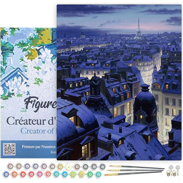 Figured'Art Paint by Numbers Adults with Frame Roofs in Paris - Paint by Numbers Craft DIY Craft Set 40 x 50 cm Canvas Stretched on Wooden Frame