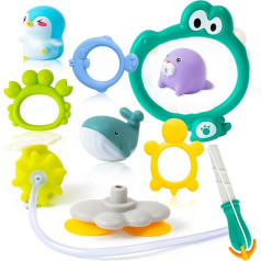 PANTIDE Bath Fish Fishing Toys, 9 Pieces Ocean Animal Fishing Rod Net Toy Set for Kids Toddlers Water Spray Squeeze Game Anti-Mould Educational Learning Swimming Toys