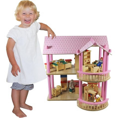 Puppenhaus Villa aus Holz | Holzpuppenhaus mit 2 Etagen | 4 Puppen & Puppenmöbel | Spielhaus für Kinder | Puppenstube mit Holzmöbeln und Puppenfamilie & Zubehör