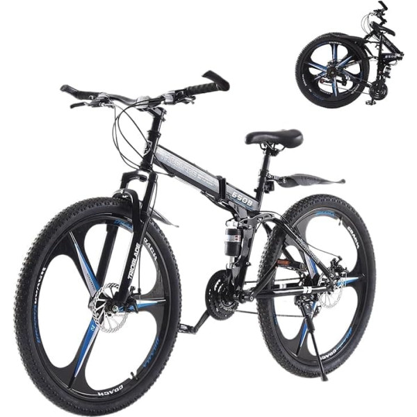 27.5 Inch Folding Mountain Bike, 21 Speed Shimano Gears, MTB with Double Suspension, Lightweight Frame, Mountain Bike for Men & Women, Foldable Sports Bicycle for Adults (Black/Blue)