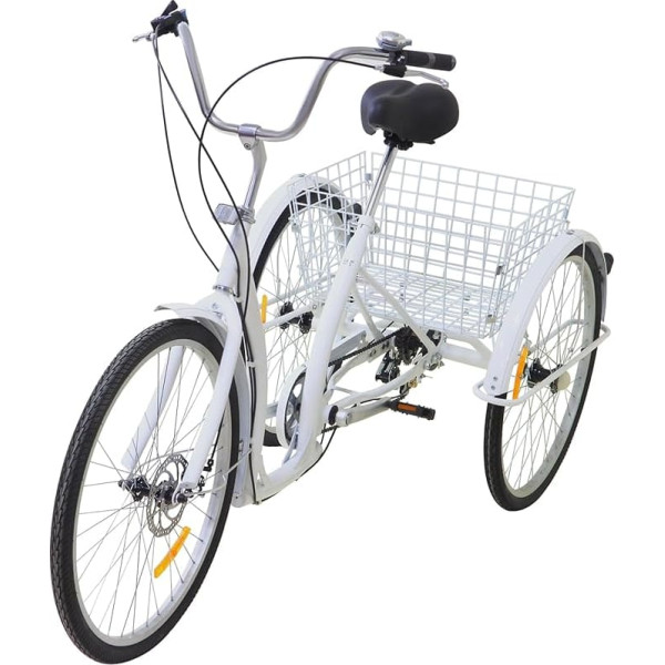 26 Inch Adult Tricycle 3 Wheels Bicycle 6 Speed Seniors Bicycle with Shopping Basket, Suitable for Cities, Beaches, Bicycle Paths and Various Roads, White