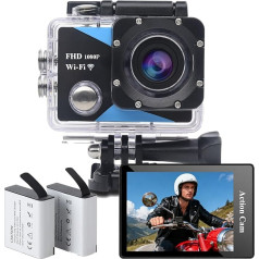 WiFi Action Cam FHD, Underwater Camera Waterproof up to 30 m, Action Camera with 2 x 1050 mAh Rechargeable Batteries and Accessory Set