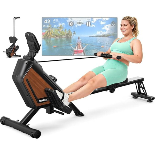 Rowing Machine for Home, Magnetic Rowing Machine, 16 Levels Resistance, Quiet Home Rowing Machine for Cardio Training, App Connection, 160 kg Load Capacity, Vertical Stowable (Grey)