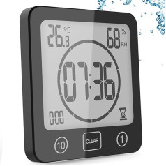 Bathroom Alarm Clock Bath Timer Waterproof Digital Bathroom Clock Shower Timer with Hygrometer and Thermometer, LCD Display, Countdown Timer, for Shower, Kitchen, Family Everyday Black