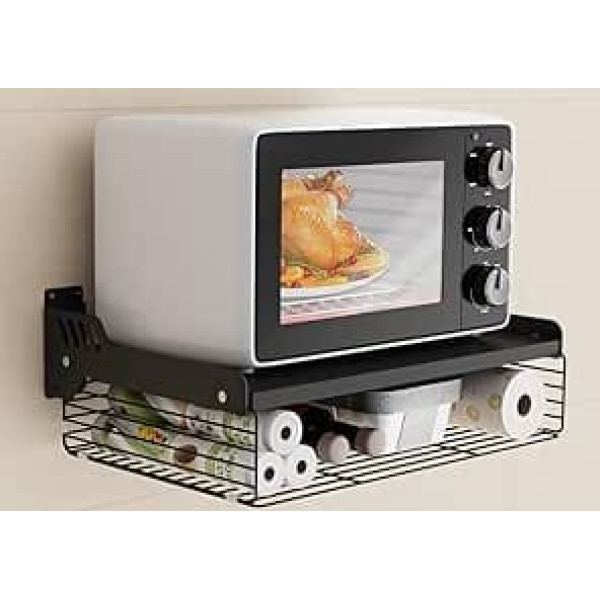 Microwave Shelf Hanging, Microwave Holder Wall with Storage Basket, 2 Levels Wall Mount Microwave Made of Metal, Microwave Holder Wall for Kitchen, Black, 55 x 35 x 11 cm