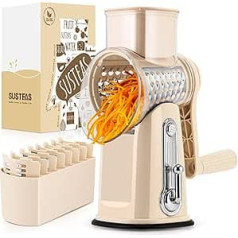 SUSTEAS Rotary Cheese Cutter with Handle - Vegetable Cutter with 5 Blades and Powerful Suction Cup Base for Kitchen Slicer and Chopper with Round Handle with Blade Storage Box (Beige)