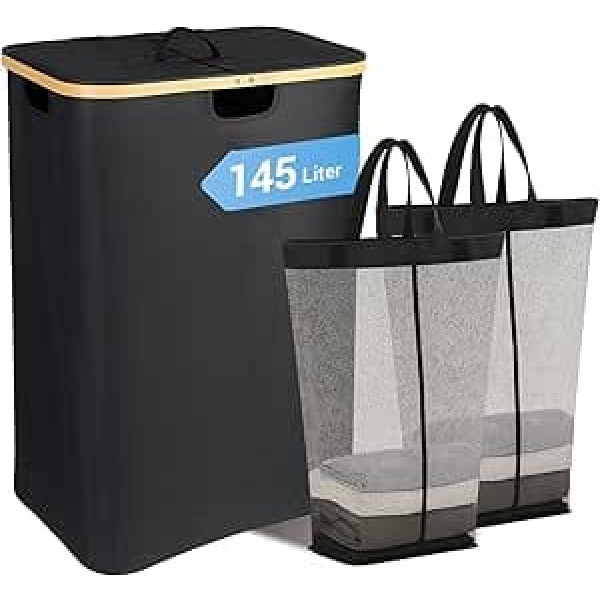 145L Double Laundry Basket with Lid, 2 Section Dirty Clothes Basket with 2 Removable Pockets for Bedroom, Bathroom, Dormitory, Black
