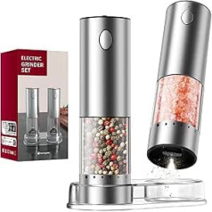 CIRCLE JOY Rechargeable Electric Salt and Pepper Mill Set Made of Stainless Steel with Base with 95 ml Transparent Container, White LED Light and Externally Adjustable Roughness, Silver