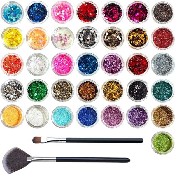 VEGCOO 36 Pots of Nail Art Glitter Sequin Powder, 24 Pots of Holographic Nail Sequins & 12 Pots of Extra Fine Glitter, Chunky Cosmetic Glitter for Body, Face, Eyes, Lips,