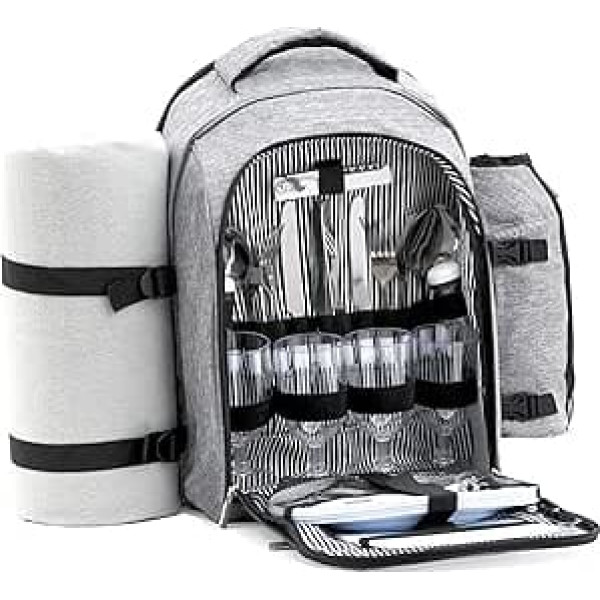 CampFeuer Picnic Backpack 32-Piece Picnic Set for 4 People with Bottle Holder, Picnic Blanket, Cooler Compartment and Camping Tableware (Grey)
