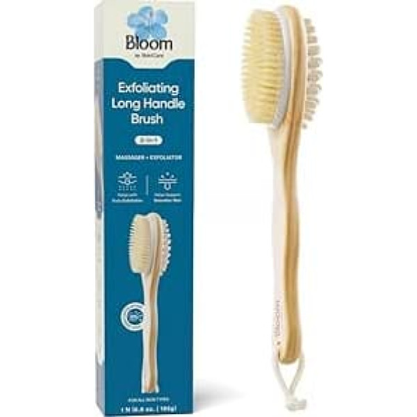 Bloom 2-in-1 Körperbürste mit langem Griff, 1 Einheit, für Hautpeeling und Massage, reduziert Cellulite, stimuliert die Durchblutung und reduziert abgestorbene Hautzellen, natürliche, weiche Borsten