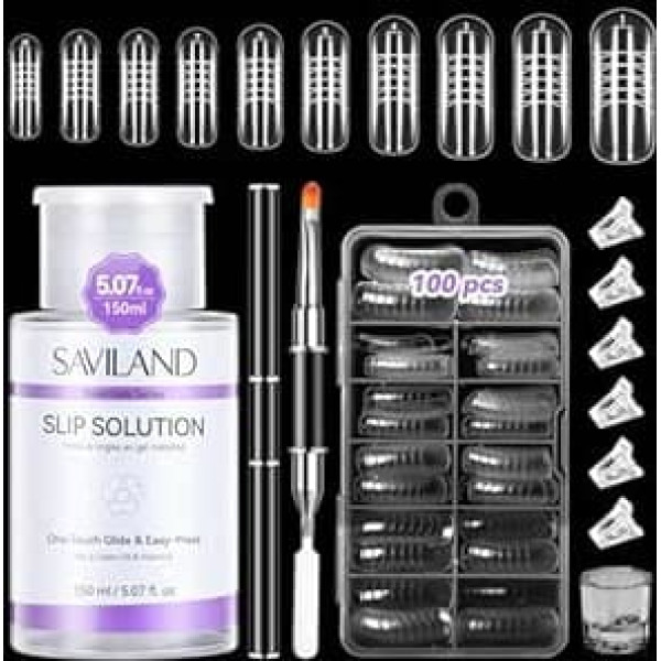 SAVILAND Slip Solution Polygel: 150 ml Poly Gel Slip Solution Nails Set, Polygel Starter Set with Double-Sided Nail Brush & 100 Dual Shapes for Nail Extensions