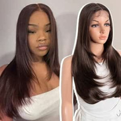 Style Icon Layered Wig Glueless Synthetic Lace Front Wigs 24 Inch Chocolate Brown Long Layered Straight Hair Wig for Women 13 x 4 x 1 T Part Lace