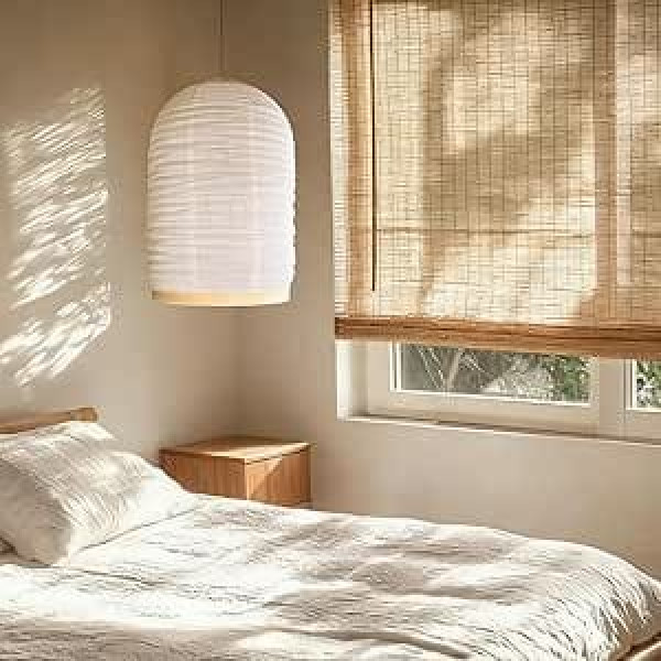 Hanging lamp with plug, handmade boho ceiling lamp, linen and bamboo pendant lights are suitable for minimalist decoration in restaurants, bedrooms, living rooms, hallways and other