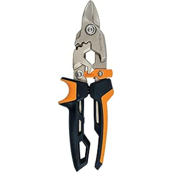 Fiskars Bulldog Tin Snips Up to 40% More Force, Length 23.2 cm, Heat-Treated Steel/Plastic, Black/Orange, PowerGear, 1027212