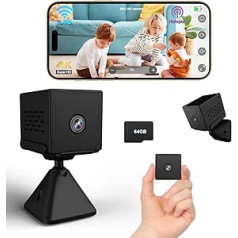Mini Camera, 4K FHD Indoor Surveillance Camera with 64GB TF Card, WLAN/AP Hotspot/Without WLAN Camera, 2000 mAh Large Battery Long Standby, Night Vision, Camera Surveillance Indoor/Outdoor