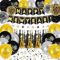 New Year's Eve Decoration 2026, Black Gold New Year Decoration 2026 Happy New Year Banner, 2026 Foil Balloon Confetti Balloons, Glitter Curtains, Black Gold Silver Pompoms Decoration for New Year's