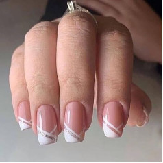 Sethexy Short Square False Fingernails French Ballerina Rhinestone False Nails Shiny Nails Stick On Pack of 24 Acrylic Pink Press on Nail Tips for Women and Girls