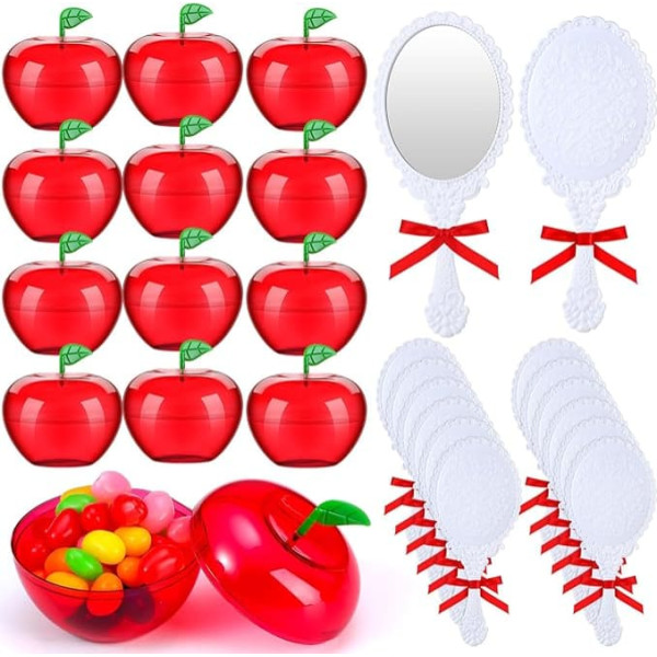 Weysat 48 Stück Schneeprinzessin Partygeschenke Kunststoff Apfel Behälter Vintage Handspiegel mit Band für Mädchen Schnee Schönheit Prinzessin Geburtstag Babyparty Party Geschenke Supplies