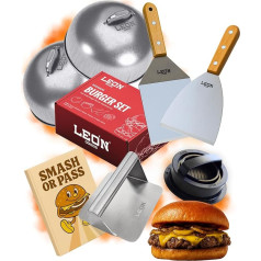 Smash Burger Set [Stainless Steel] The Best Burger Set - Beech Wood Handle and Stainless Steel High Quality Burger Accessories in Gift Box Burger Smasher Set + Recipe Book (6-Piece)