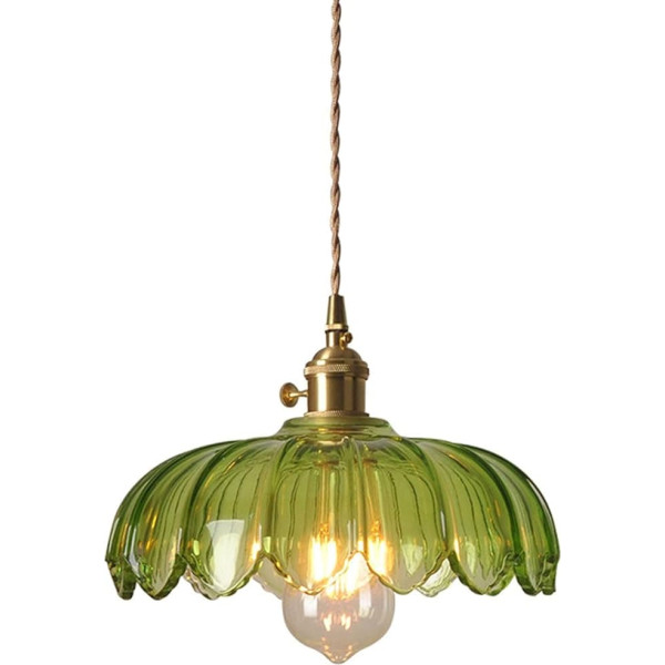Crystal Lotos Pendant Light Industrial Vintage Glass Lampshade Ceiling Light Pendant Lamp E27 Brass Socket 1-Bulb Chandelier (Green)