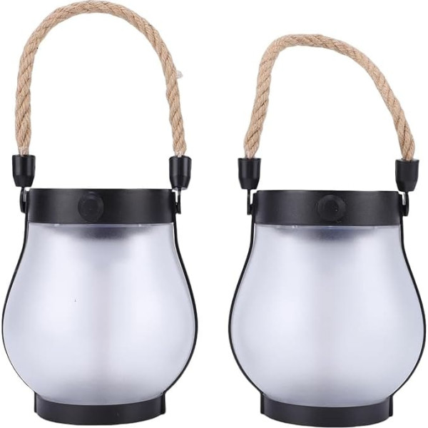 CHICIRIS Pack of 2 Solar Lantern Outdoor Lights, Waterproof Hemp Rope Lanterns with Flickering Flame Effect, USB Rechargeable and Solar Powered for Garden and Patio