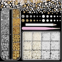 2 Boxen flache Rückseite Perlen und Perlen für Nägel, gemischte Größen, Weiß / Beige, Nail Art Perlen, luxuriös, Silber, Gold, Halbperle, Nagelanhänger, Edelsteine für Nägel, ABS-Kunststoff, runde