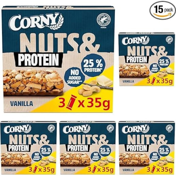 Corny Nuts & Protein Vanilla | Nut Bar without Added Sugar | With 36% Nuts & 25% Protein | 3 x 35 g (Pack of 5)