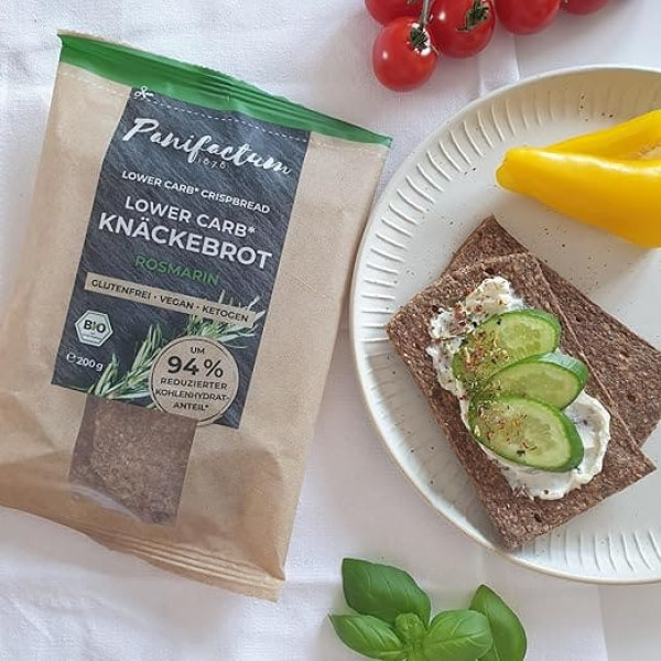 Panifactum Low Carb Crispbread Rosemary, Vegan Bread with Crispy Texture, Lactose & Gluten Free, High Fibre Content & Protein Content, Organic Crispbread for On the Go, School & Work