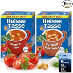 Tomato Mixing Pack - Erasco Hot Cup Set of 16 (8 x Tomato Cream & 8 x Tomato Mozzarella) - Ready Foods, Instant Noodles & 5 Minute Terrine - Soup Variety - Quick Meal for Home & Office