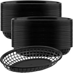 KEILEOHO Pack of 60 Plastic Fast Food Baskets, 23 x 14 x 4 cm, Oval Baskets, Plastic, Black, Serving Baskets for Serving
