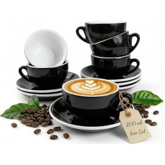 6 x Cappuccino Cups 200 ml Black Italian Style Extra Thick-Walled 8 mm and Heavy Design Dishwasher Safe 12-Piece Cappuccino Cup Set with Saucers Gift Set